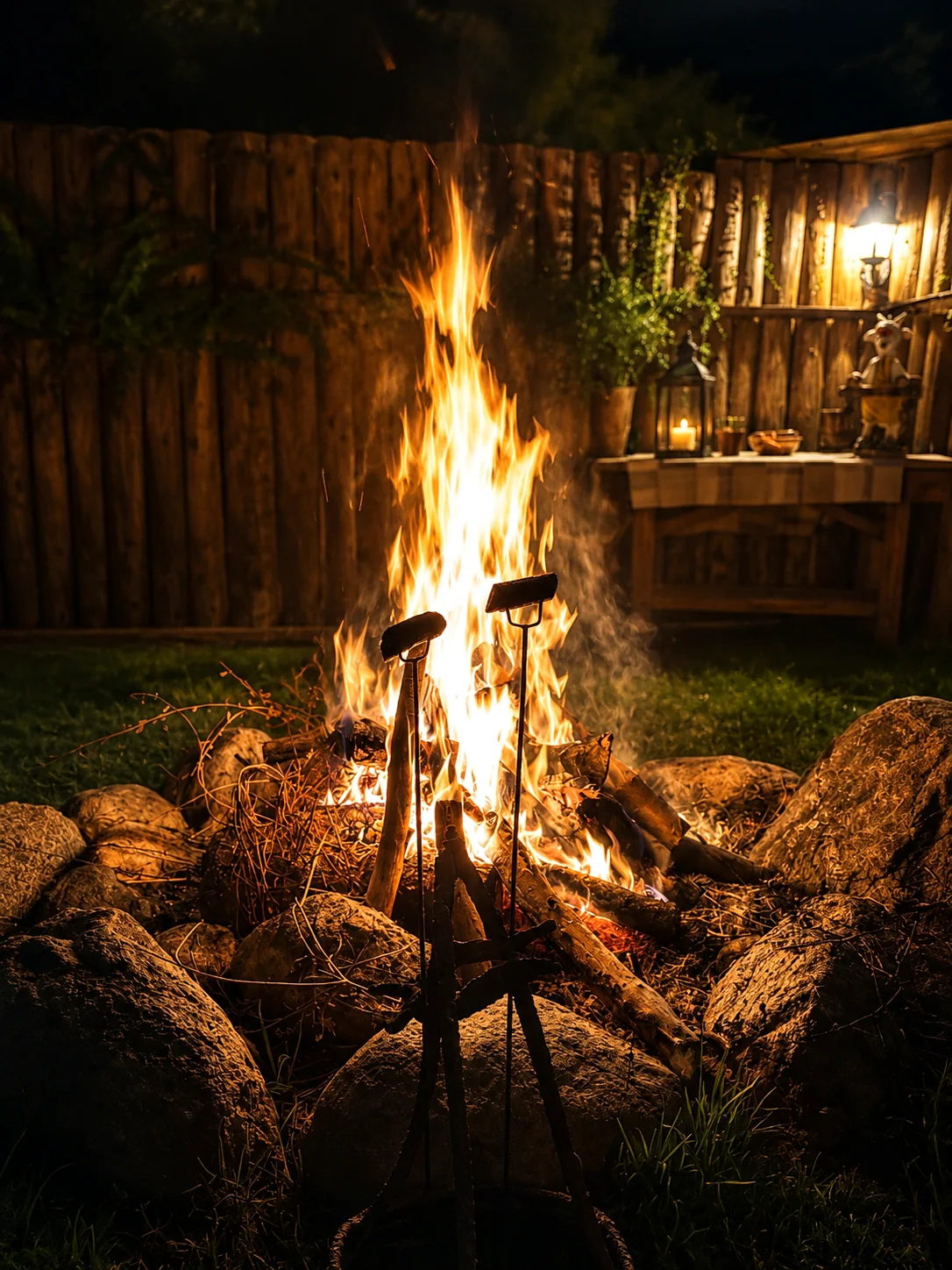 Ognisko nocą w ogrodzie